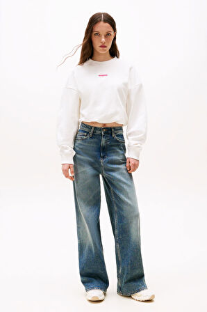 Kadın Crop Script Logolu Sweatshirt - Ekru | L