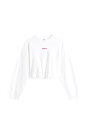 Kadın Crop Script Logolu Sweatshirt - Ekru | L