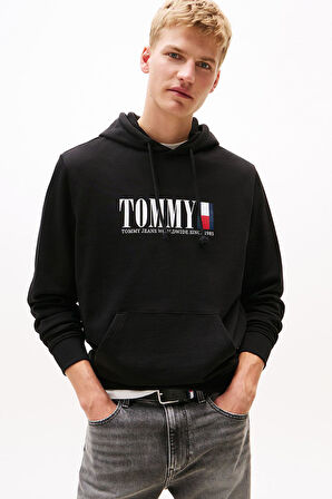 Erkek Regular Fit Kapüşonlu Grafik Logolu Sweatshirt - Siyah | S