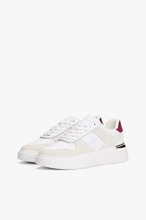 Kadın Süet ve Deri Detaylı Platform Tabanlı Kort Sneaker - Beyaz | 37