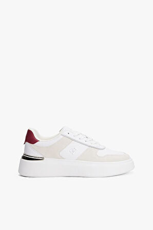 Kadın Süet ve Deri Detaylı Platform Tabanlı Kort Sneaker - Beyaz | 40