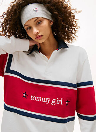 Tommy Jeans Gömlek Yaka Baskılı Ekru Kadın Sweatshırt DN0DN00068YBL