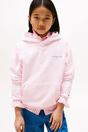 Kız Çocuk Kapüşonlu Minimal Logo Baskılı Sweatshirt - Pembe | 8 Yaş