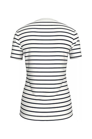 Kadın Bisiklet Yaka Çizgili Pamuklu T-shirt - Beyaz/Lacivert | S
