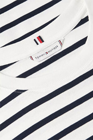 Kadın Bisiklet Yaka Çizgili Pamuklu T-shirt - Beyaz/Lacivert | S