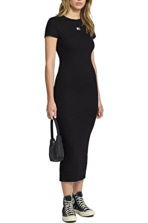 Kadın Dar Kesim Fitilli Midi Elbise - Siyah | XS