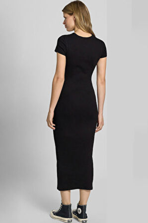 Kadın Dar Kesim Fitilli Midi Elbise - Siyah | XS