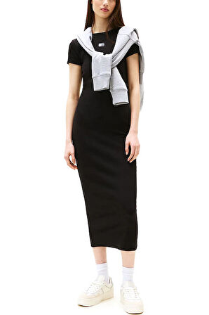 Kadın Dar Kesim Fitilli Midi Elbise - Siyah | L