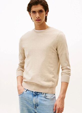 Tommy Hilfiger Bisiklet Yaka Normal Bej Erkek Kazak MW0MW39775HGF_DC FINE MERINO WOOL C