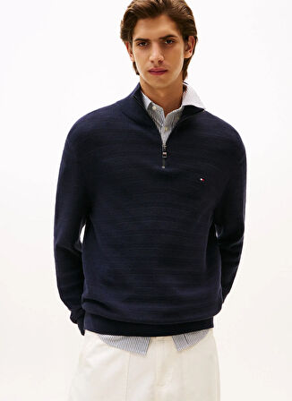 Tommy Hilfiger Bisiklet Yaka Normal Mavi Erkek Kazak MW0MW39536DW5_STRIPE STRUCTURE ZIP