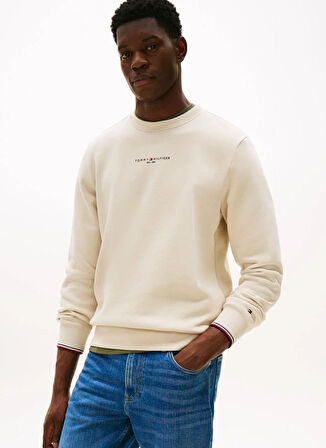 Tommy Hilfiger Bisiklet Yaka Bej Erkek Sweatshırt MW0MW37471ACG_SMALL TOMMY LOGO CREW