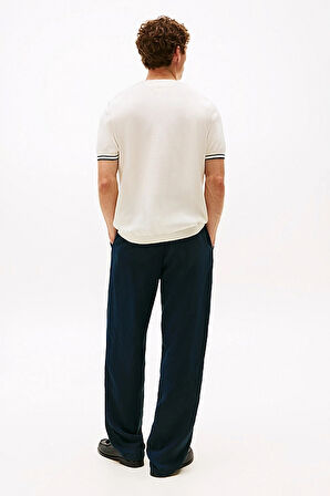 Erkek Kol Ucu Çizgili Kısa Kollu Triko T-Shirt - Krem | S