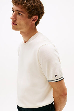 Erkek Kol Ucu Çizgili Kısa Kollu Triko T-Shirt - Krem | S