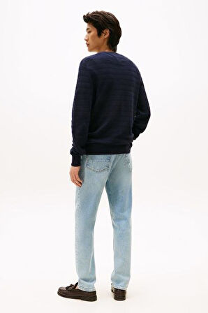 Erkek Dokulu Çizgili Bisiklet Yaka Triko Kazak - Lacivert | XS