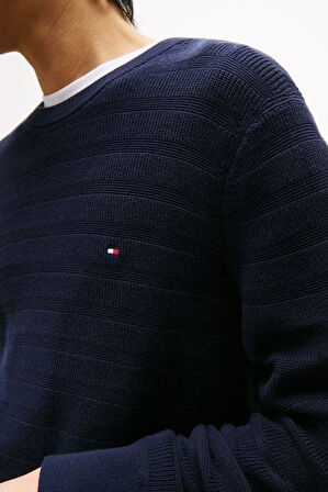 Erkek Dokulu Çizgili Bisiklet Yaka Triko Kazak - Lacivert | XS