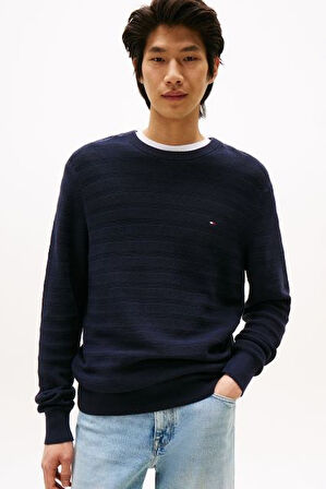 Erkek Dokulu Çizgili Bisiklet Yaka Triko Kazak - Lacivert | S