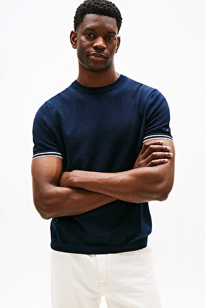 Erkek Kol Ucu Çizgili Kısa Kollu Triko - Lacivert | S