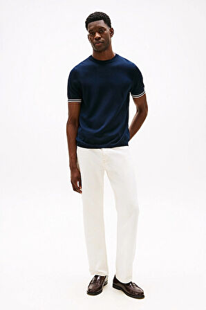 Erkek Kol Ucu Çizgili Kısa Kollu Triko - Lacivert | S