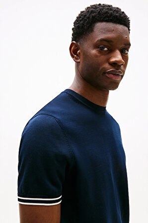 Erkek Kol Ucu Çizgili Kısa Kollu Triko - Lacivert | S