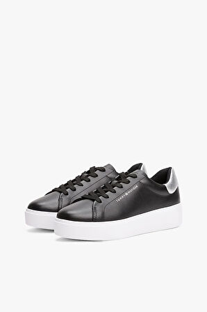 Kadın Metalik Detaylı Platform Tabanlı Kort Sneaker - Siyah | 37