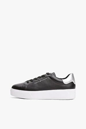 Kadın Metalik Detaylı Platform Tabanlı Kort Sneaker - Siyah | 37