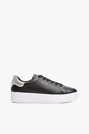 Kadın Metalik Detaylı Platform Tabanlı Kort Sneaker - Siyah | 37