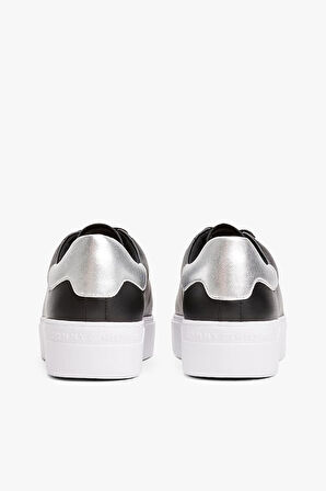 Kadın Metalik Detaylı Platform Tabanlı Kort Sneaker - Siyah | 39