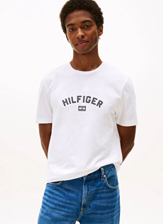 Tommy Hilfiger Bisiklet Yaka Beyaz Erkek T-Shirt MW0MW39357YBR_HILFIGER FLOCK TEE