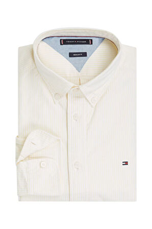 Erkek Oxford Çizgili Düğmeli Yaka Gömlek – Sarı/Beyaz | L