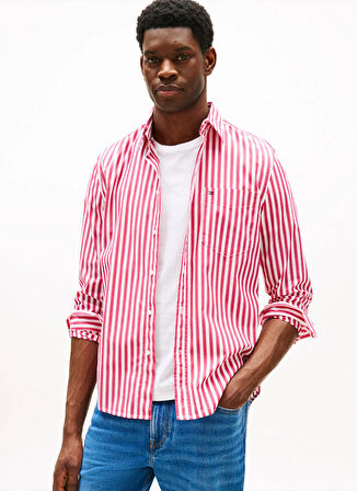 Tommy Hilfiger Normal Gömlek Yaka Pembe Erkek Gömlek MW0MW394510D1_FLEX POPLIN BOLD STRI
