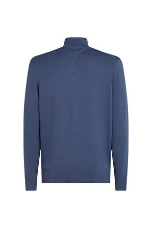 Erkek Fermuarlı Dik Yaka Pamuklu Triko Hırka - Mavi | L