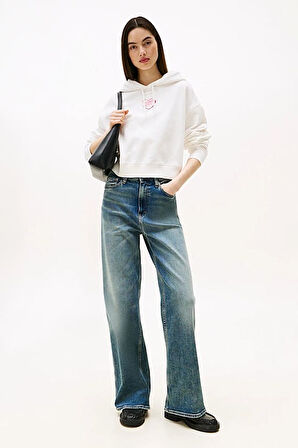 Kadın Relaxed Fit Sırtı Kalp Baskılı Cropped Sweatshirt - Ekru | S