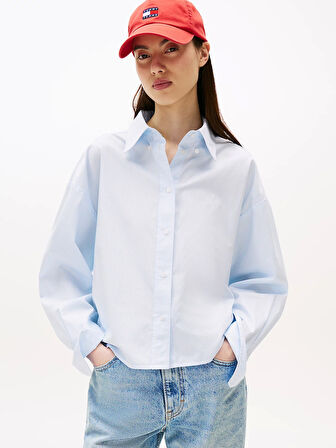 Tommy Jeans Kadın Çizgili Kısa Poplin Mavi Gömlek DW0DW214000BC