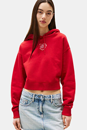 Kadın Relaxed Fit Sırtı Kalp Baskılı Cropped Sweatshirt - Kırmızı | S