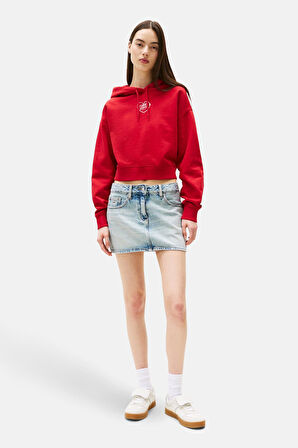 Kadın Relaxed Fit Sırtı Kalp Baskılı Cropped Sweatshirt - Kırmızı | M