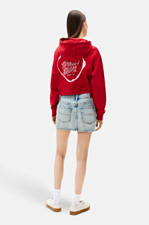 Kadın Relaxed Fit Sırtı Kalp Baskılı Cropped Sweatshirt - Kırmızı | M