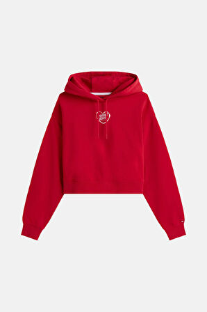 Kadın Relaxed Fit Sırtı Kalp Baskılı Cropped Sweatshirt - Kırmızı | M