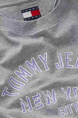 Kadın Varsity Logolu Relaxed Fit T-Shirt - Gri Melanj | M