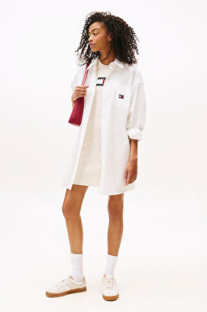 Kadın Oversize Fit Cepli Mini Gömlek Elbise - Ekru | L