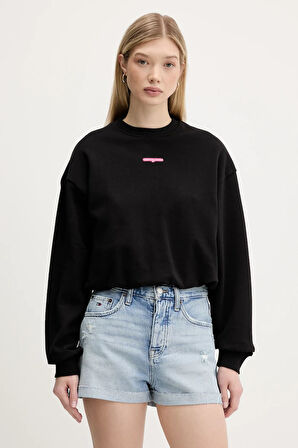 Kadın Crop Script Logolu Sweatshirt - Siyah | XL