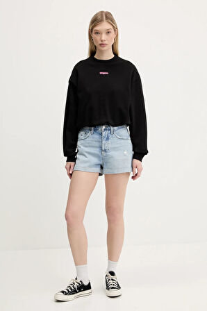 Kadın Crop Script Logolu Sweatshirt - Siyah | XL