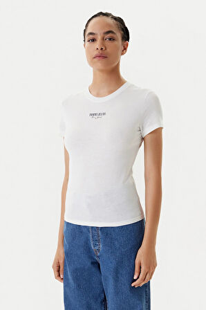 Kadın Slim Fit Logolu T-Shirt - Ekru | M