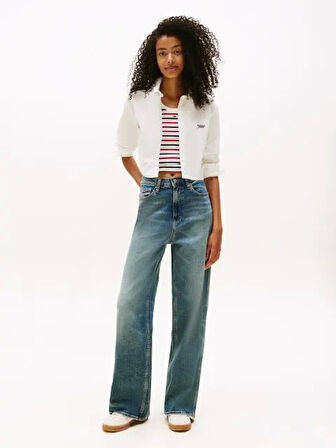 Tommy Jeans Kadın Çizgili Kısa Poplin Beyaz Gömlek DW0DW21400YBL