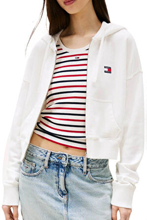 Kadın Boxy Fit Kapüşonlu Fermuarlı Cropped Sweatshirt - Ekru | M