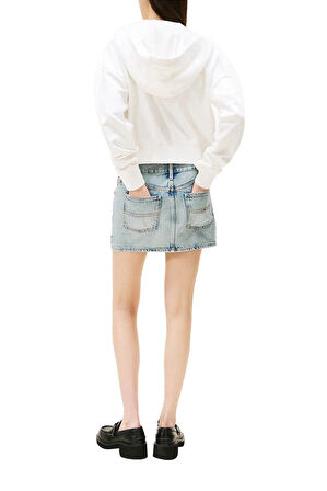 Kadın Boxy Fit Kapüşonlu Fermuarlı Cropped Sweatshirt - Ekru | M