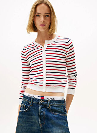 Tommy Jeans Yuvarlak Yaka Standart Çizgili Lacivert - Kırmızı - Beyaz Kazak Kadın DW0DW209760FG
