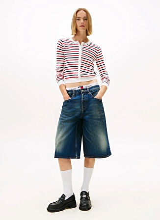 Tommy Jeans Yuvarlak Yaka Standart Çizgili Lacivert - Kırmızı - Beyaz Kazak Kadın DW0DW209760FG