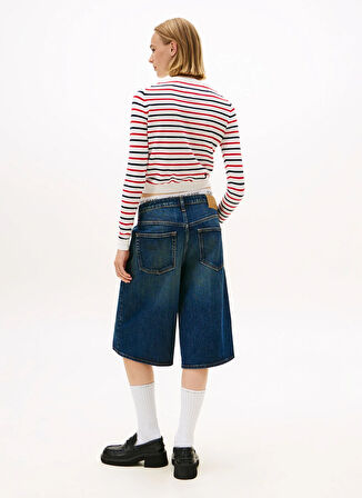 Tommy Jeans Yuvarlak Yaka Standart Çizgili Lacivert - Kırmızı - Beyaz Kazak Kadın DW0DW209760FG
