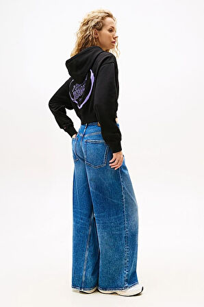 Kadın Relaxed Fit Sırtı Kalp Baskılı Cropped Sweatshirt - Siyah | S