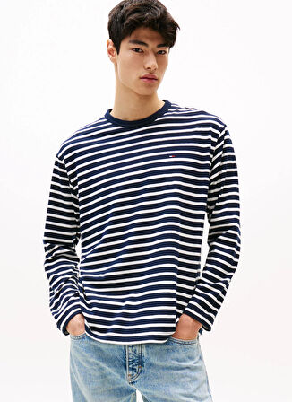 Tommy Jeans Bisiklet Yaka Çizgili Lacivert Erkek T-Shirt DM0DM21813C1G TJM REG SFLAG BRETON